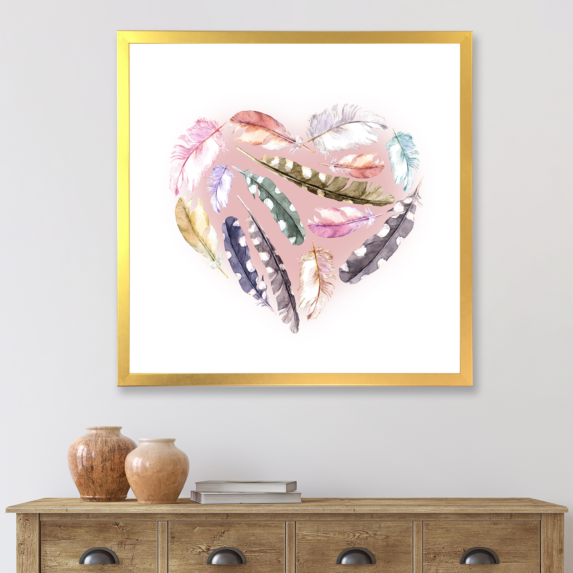 Designart 'Ethnic Feather In Heart Shape' Bohemian & Eclectic Framed Art Print