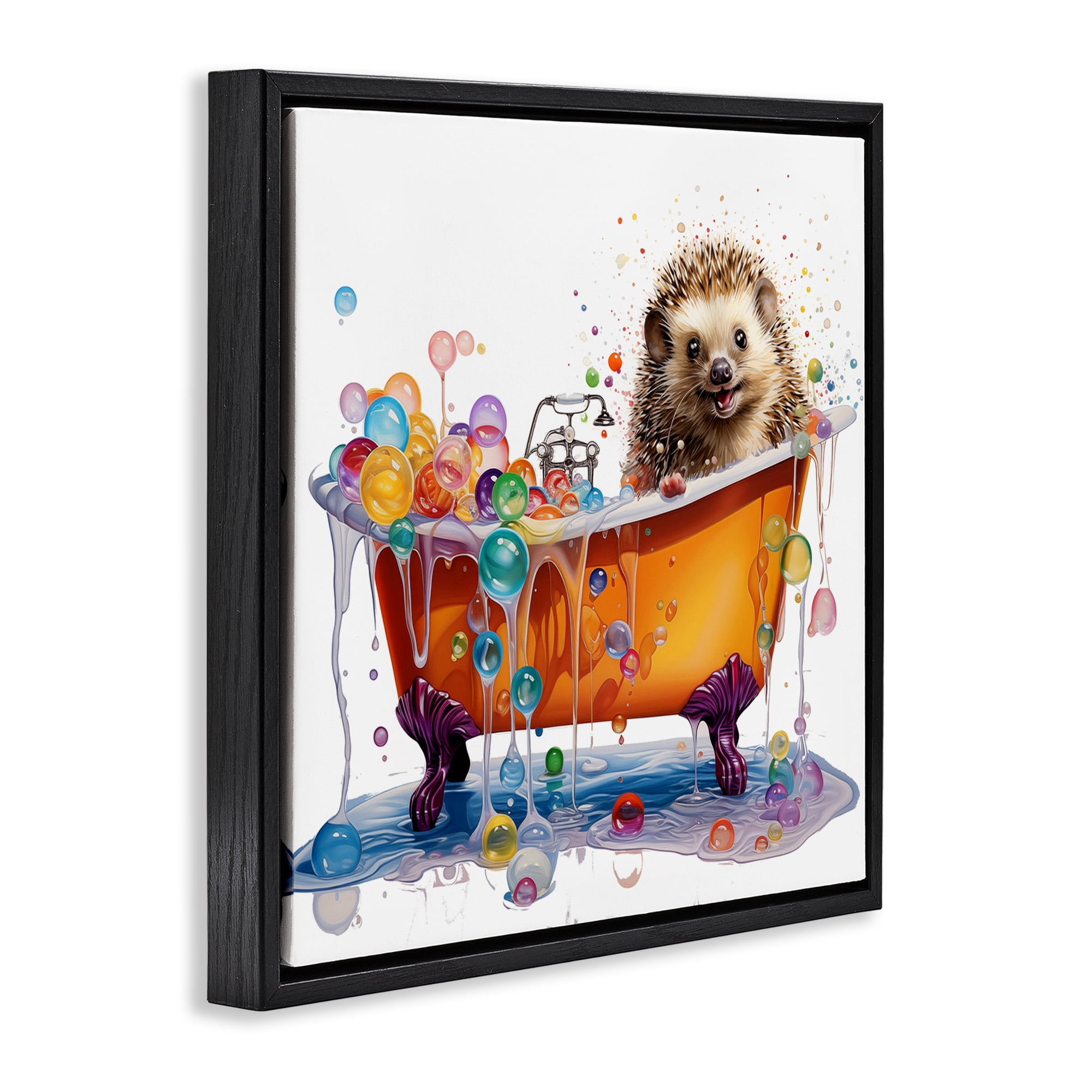 Stupell Industries Happy Hedgehog Bubble Bath Bath & Laundry Painting Black Floater Framed Canvas Art Print Wall Art, 18 x 18
