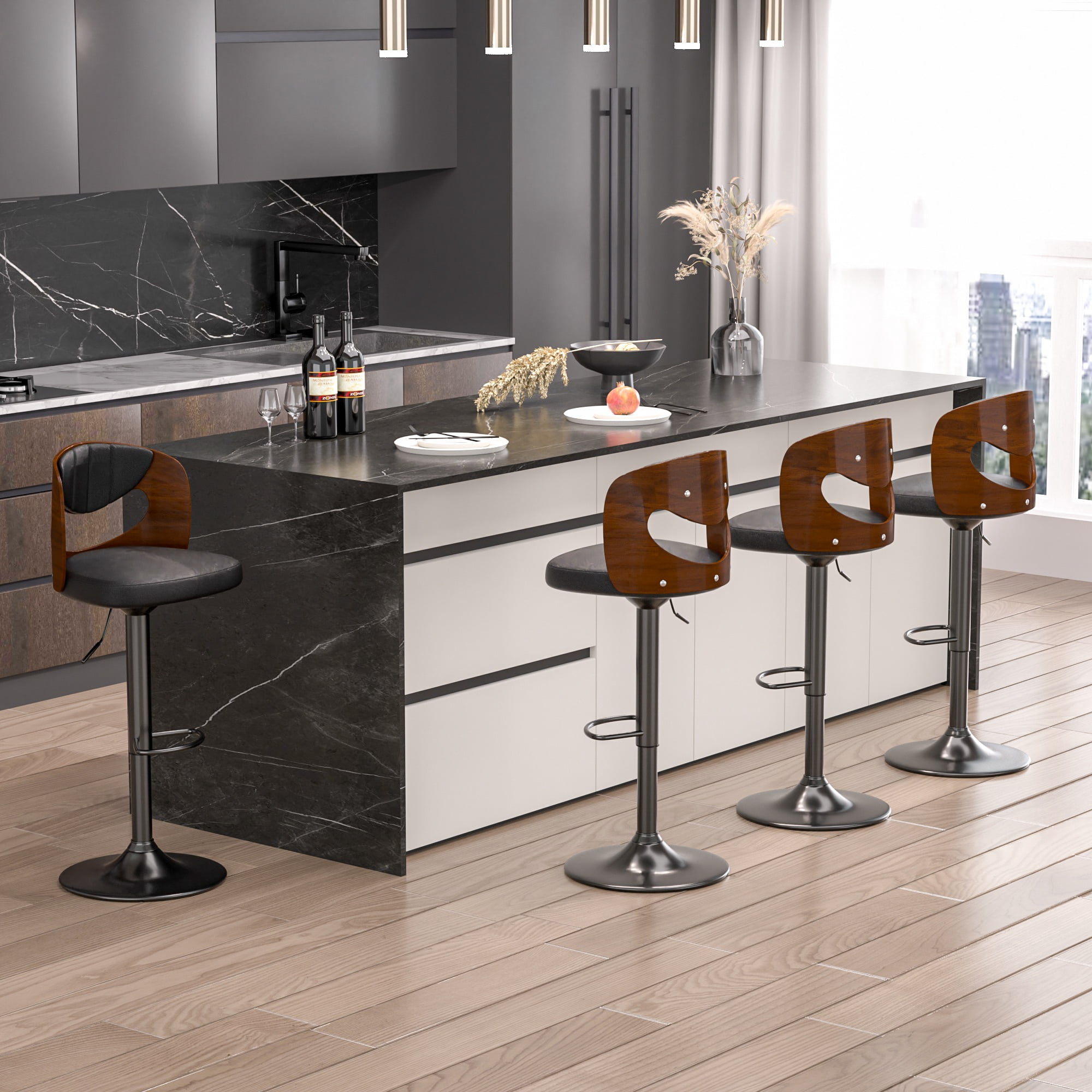 VECELO Mid-Century Bar Stools Set of 4, Modern Swivel and Adjustable Counter Height Kitchen Bar Chair with Bentwood Back, Black