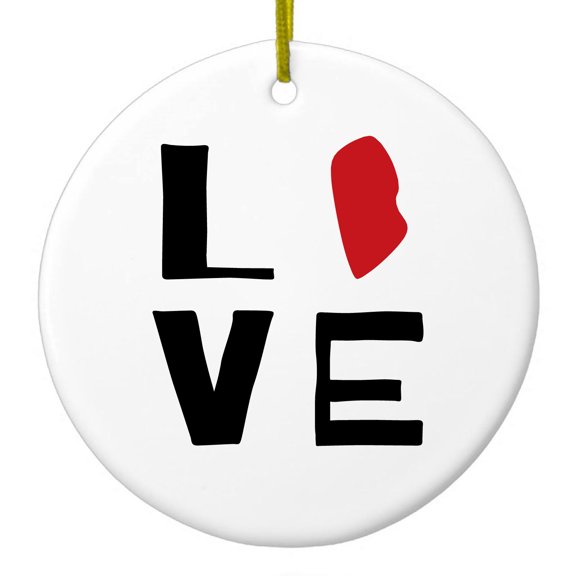 DistinctInk Hanging Ceramic Christmass Tree Ornament with Gold String - Great Gift / Present - 2 3/4 inch diameter - Rhode Island - Love Red & Black