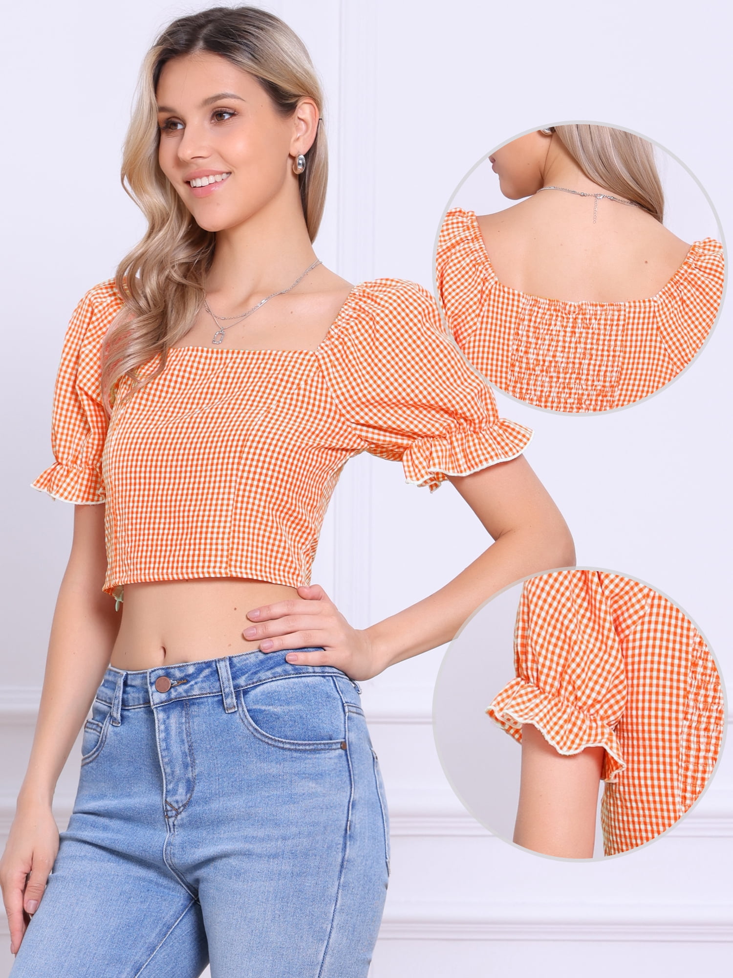 DARING DIVA Women's Smocked Crop Bubble Sleeve Peasant Gingham Tops S Orange
