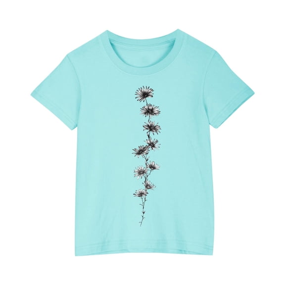 AJTQTH Floral Print T-shirt for Kids Boys Girls Unisex Short Sleeve Crewneck Tees Tops Shirts Blouses for Summer Casual Cotton Comfy Lightweight Outfits Clothes Blue 5 Years