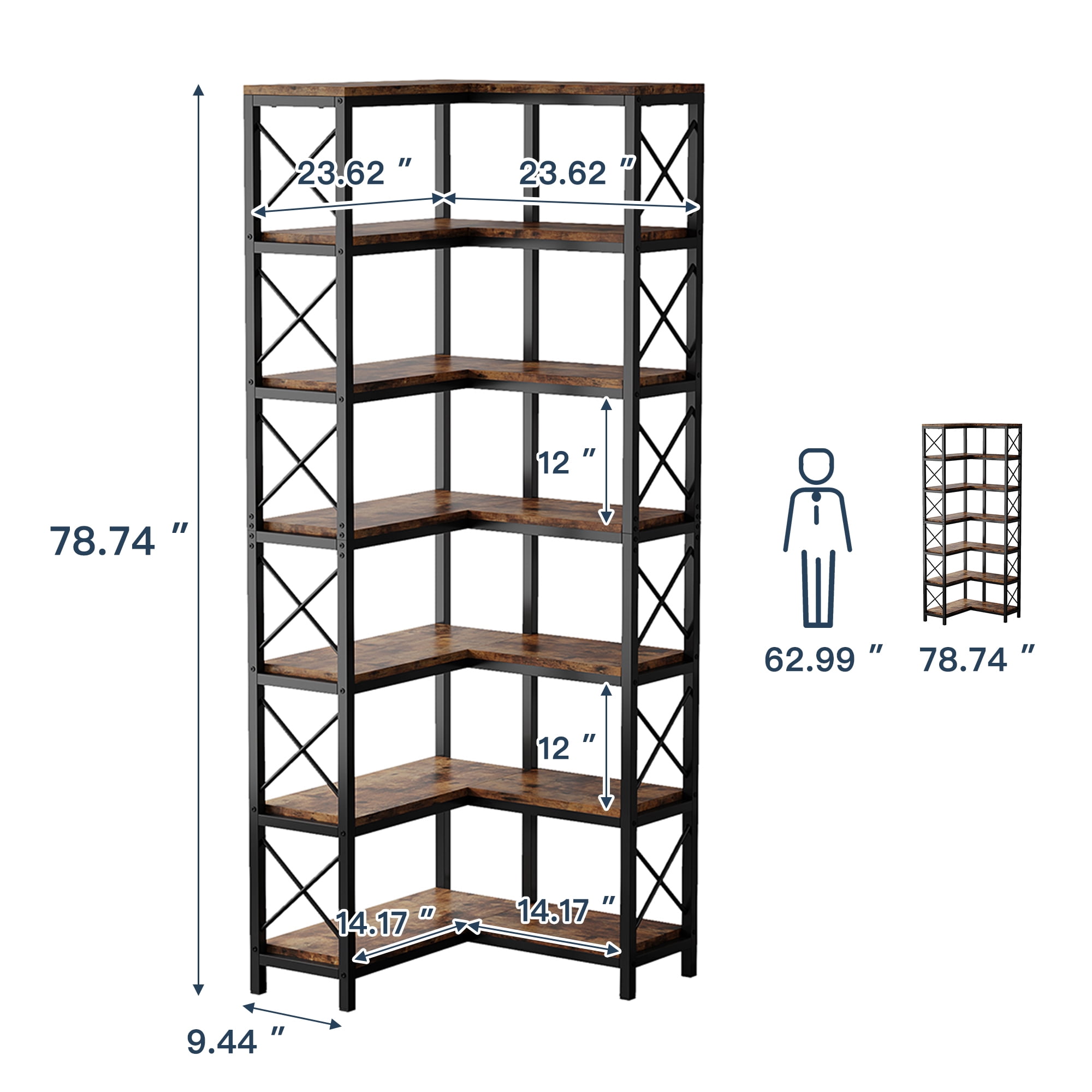Demi Bonn 7 Tier Corner Bookshelf, Bookshelves, Open Etagere Bookcase Shelf Storage Organizer, Storage Shelving Unit for Bedroom, Living Room and Home Office, Brown