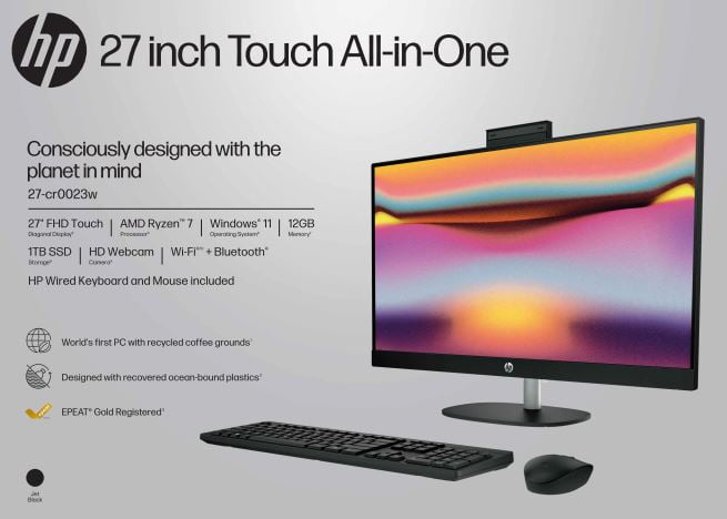 HP 27 inch Touch Screen All-in-One Desktop PC, AMD Ryzen 7, 12GB RAM, 1TB  SSD, Windows 11 Home, 27-cr0023w