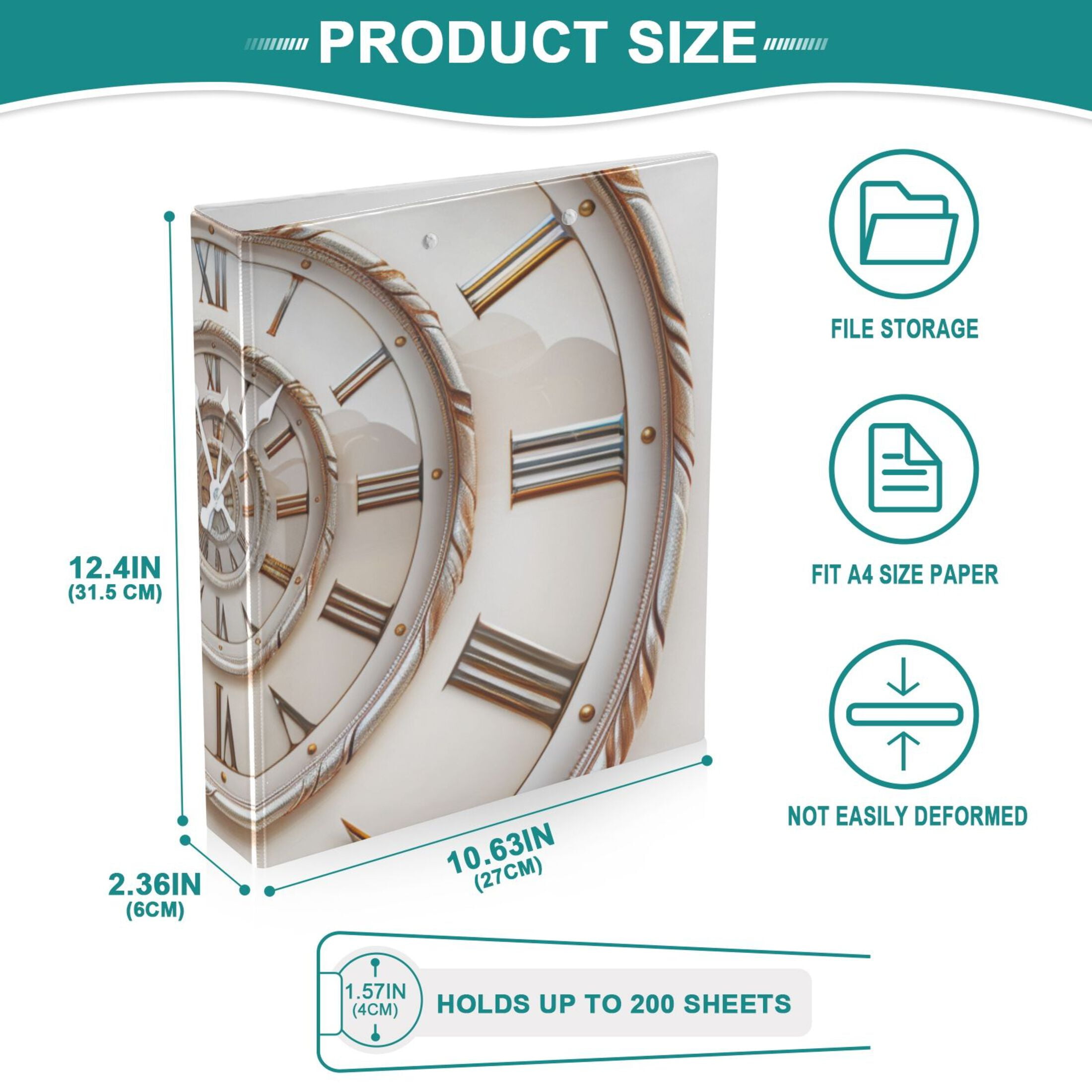 Swirling Numbers Clock 3 Ring Binders 1.5 inch Hardcover File Folders with Interior Pockets A4 Size Organizer for School Office Hospital