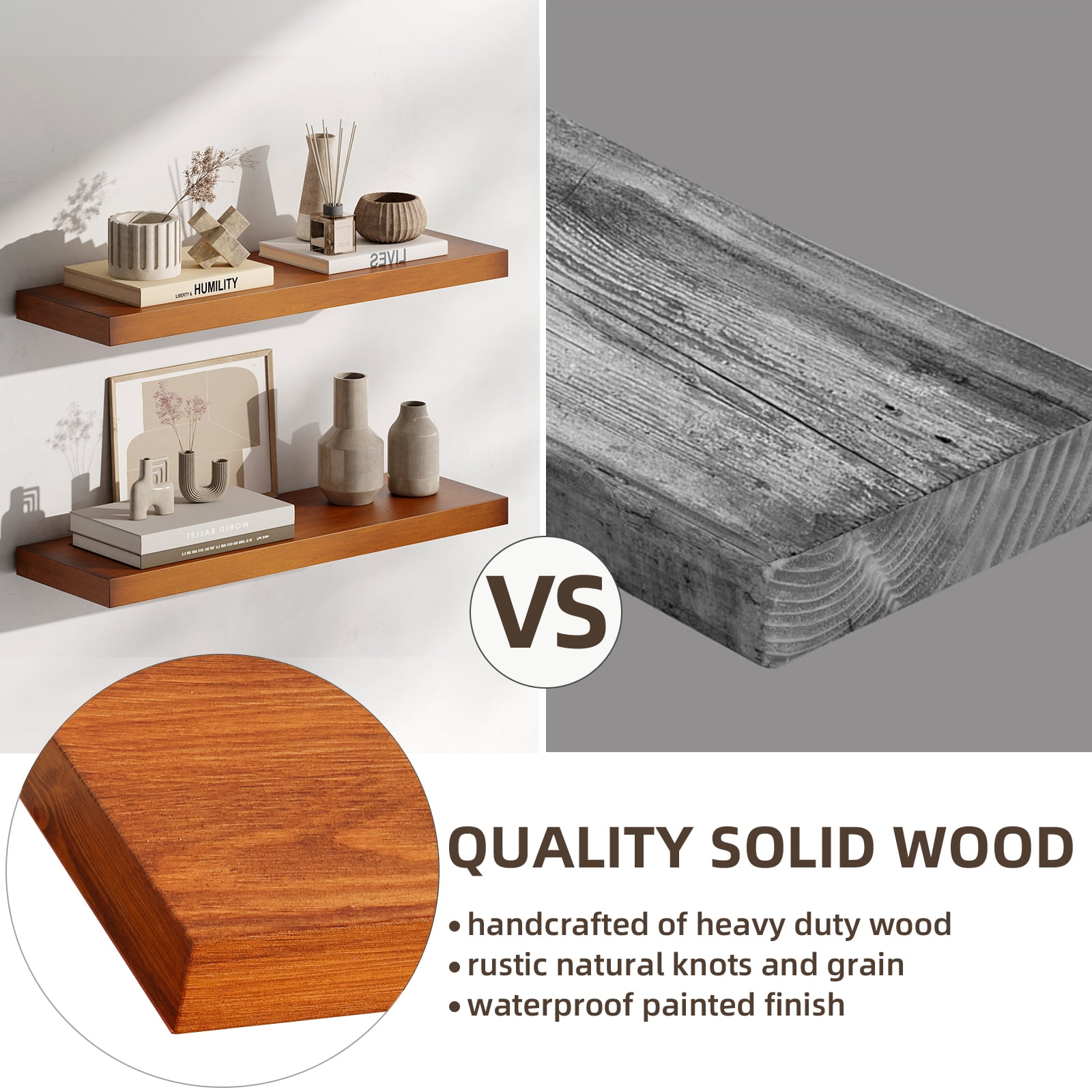 16.5 in Solid Wood Floating Shelves Wall Mounted Shelves, Honey Brown Color, Set of 2