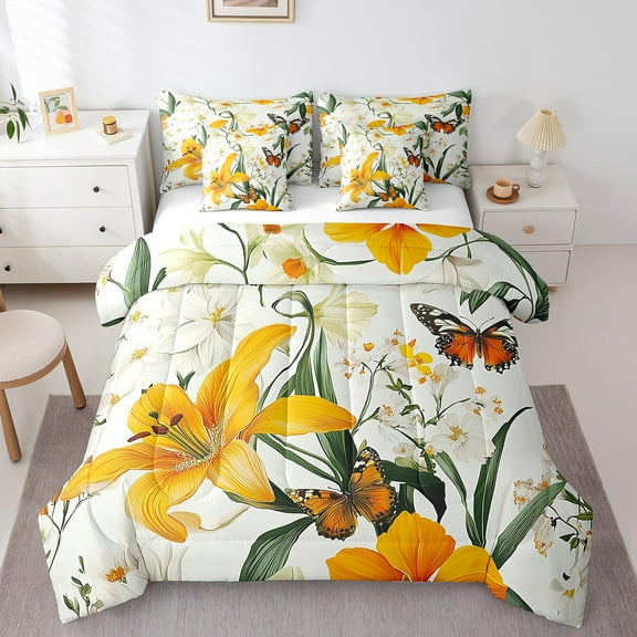 Erosebridal Vibrant Flower Bedding Twin Size, Vintage Botanical Bedding Sets Twin Size, Butterfly Bed Set, Breathable Bedroom Decorative, 7pcs