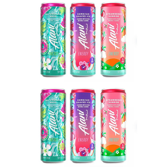 Alani Nu Energy Drinks Strawberry Sunrise, Watermelon Wave, Hawaian Shaved Ice Variety Pack | Sugar Free, Low Calorie Energy Drinks 6 Cans Total (12 fl oz Each) 6 Pack