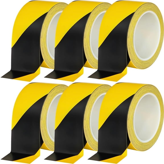 6 Rolls Black and Yellow Hazard Warning Safety Tape 2 Inch x 108 Feet Waterproof Floor Marking Tape Caution Tape Roll Safety Tape for Warehouse Gym Floor Walls Pipes and Equipment Black