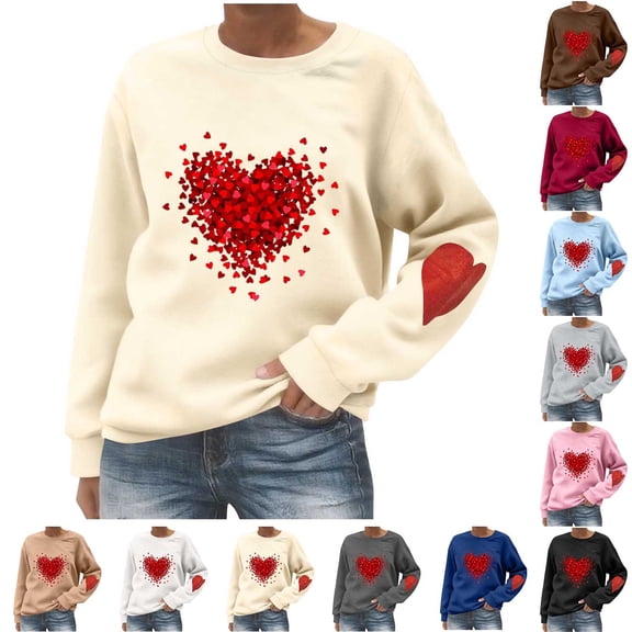 Kilaqueen Womens Casual Heart Graphic Shirts Long Sleeve Pullover Loose Fit Crewneck Cute Love Printed Sweatshirt Soft Comfortable Long Sleeve Tops