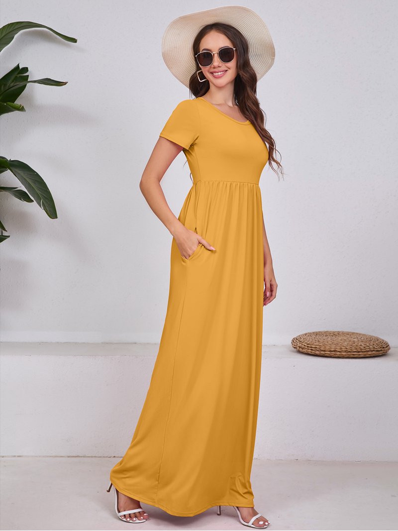 Chiclily Women's Maxi Dresses Short Sleeve Long Casual Dresses Loose Plain  with Pockets, Green Leaves M