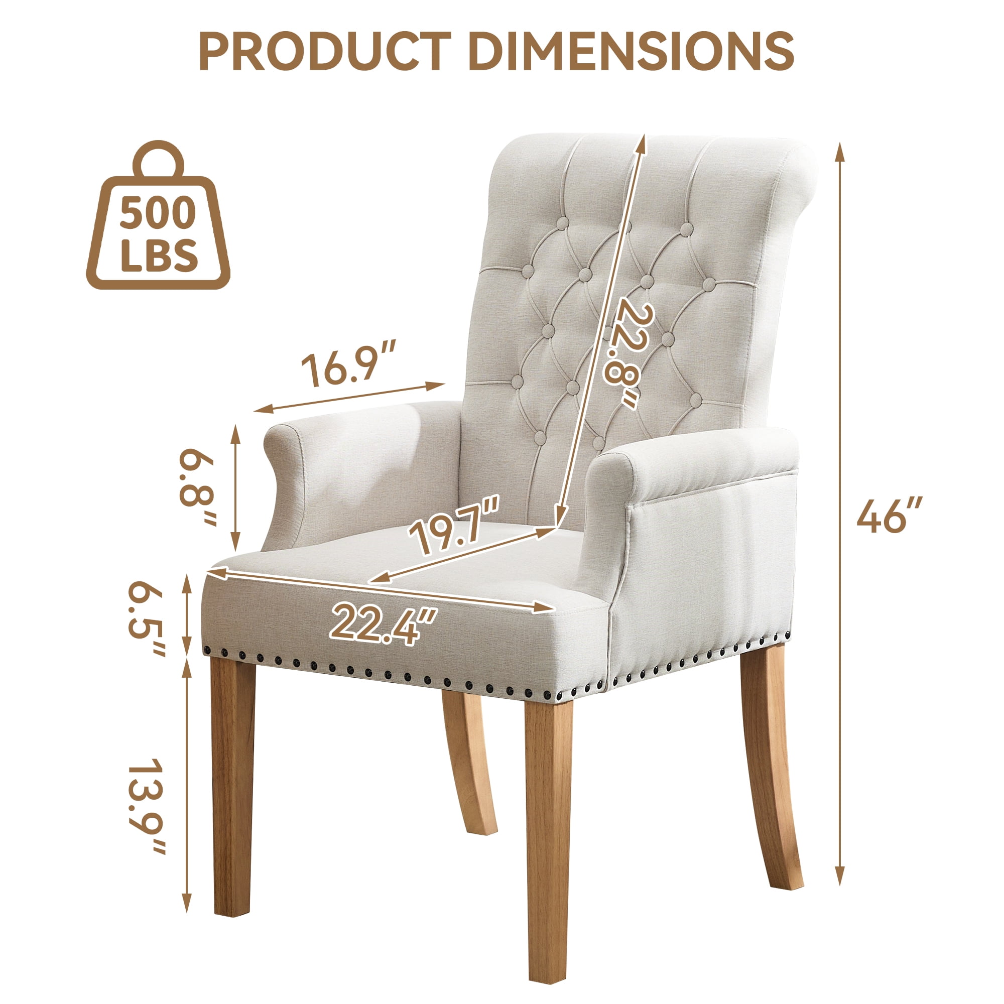Fabric Upholstered Dining Chair with Arms, Tufted High Back Accent Coffee Armchair for Kitchen Dining Room Living Room, Beige
