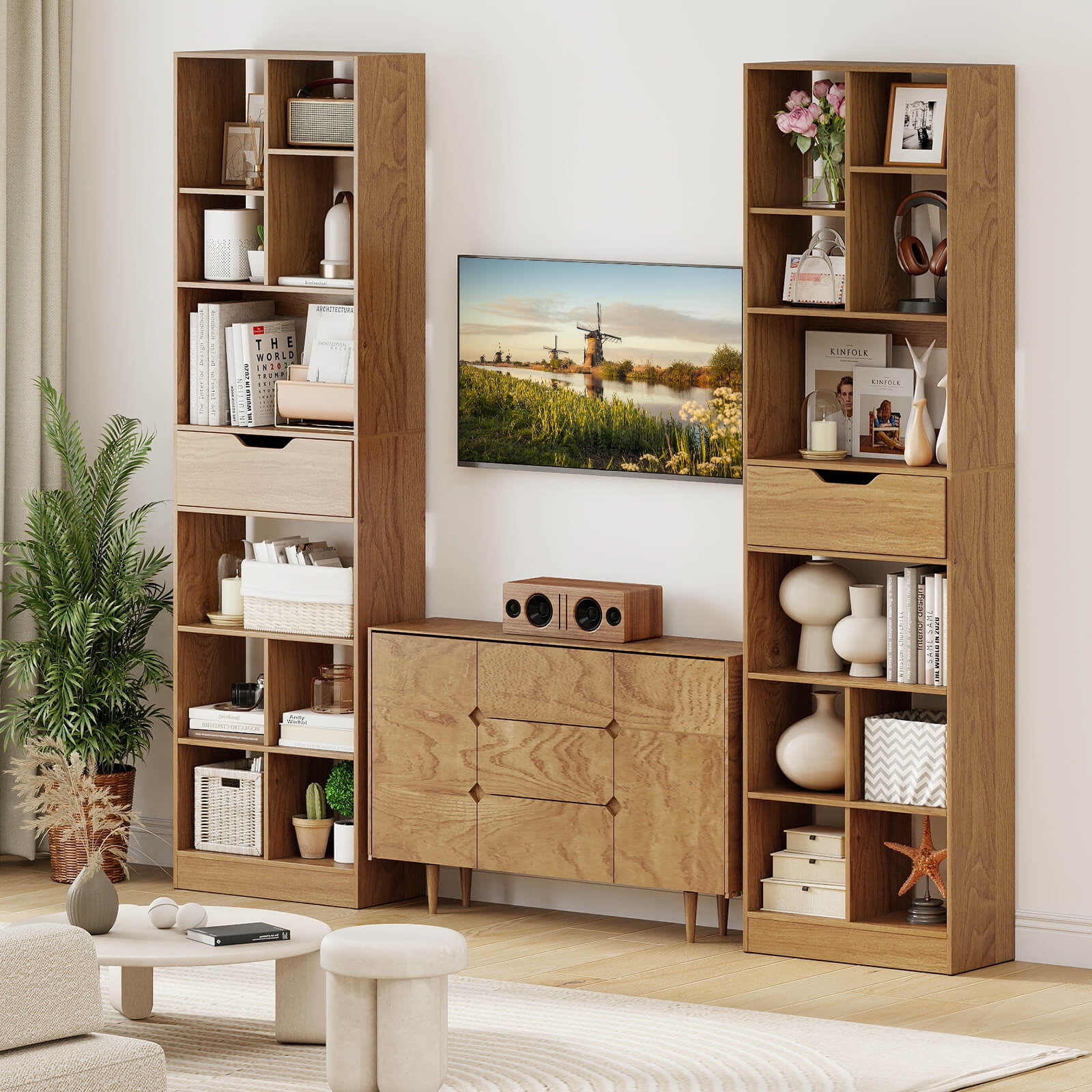 Costway 2 PCS 71” Bookcase with Drawer 10 Open Cubes Anti-toppling Kits for Living Room Natural
