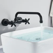 Matte Black Kitchen Faucet Wall Mount Commercial Sink Faucet Dual Handle Mixer Swivel Spout