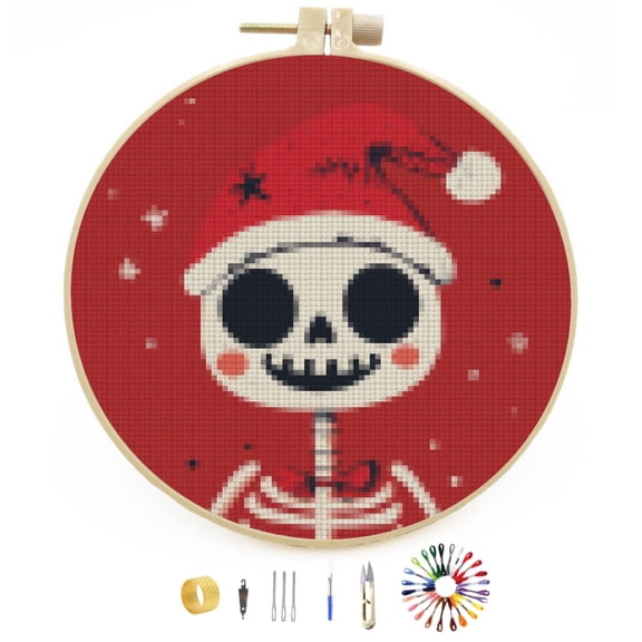 Merry Christmas Skeleton DIY Stamped Cross Stitch Kits Easy for Beginners with Hoop 11CT Counted Embroidery Needlepoint Crafts Arts for Handmade Enthusiasts and Home Decor 30x30cm(16)