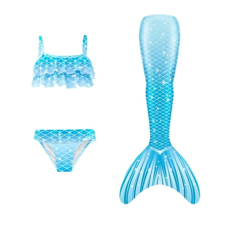 Toimothcn Girl s Swimsuit Sleeveless Casual Colorful Fish Scale Printed 3 Piece Tail Bikini Set Quickly Dry Cover Up Swimwear 10-11 Years
