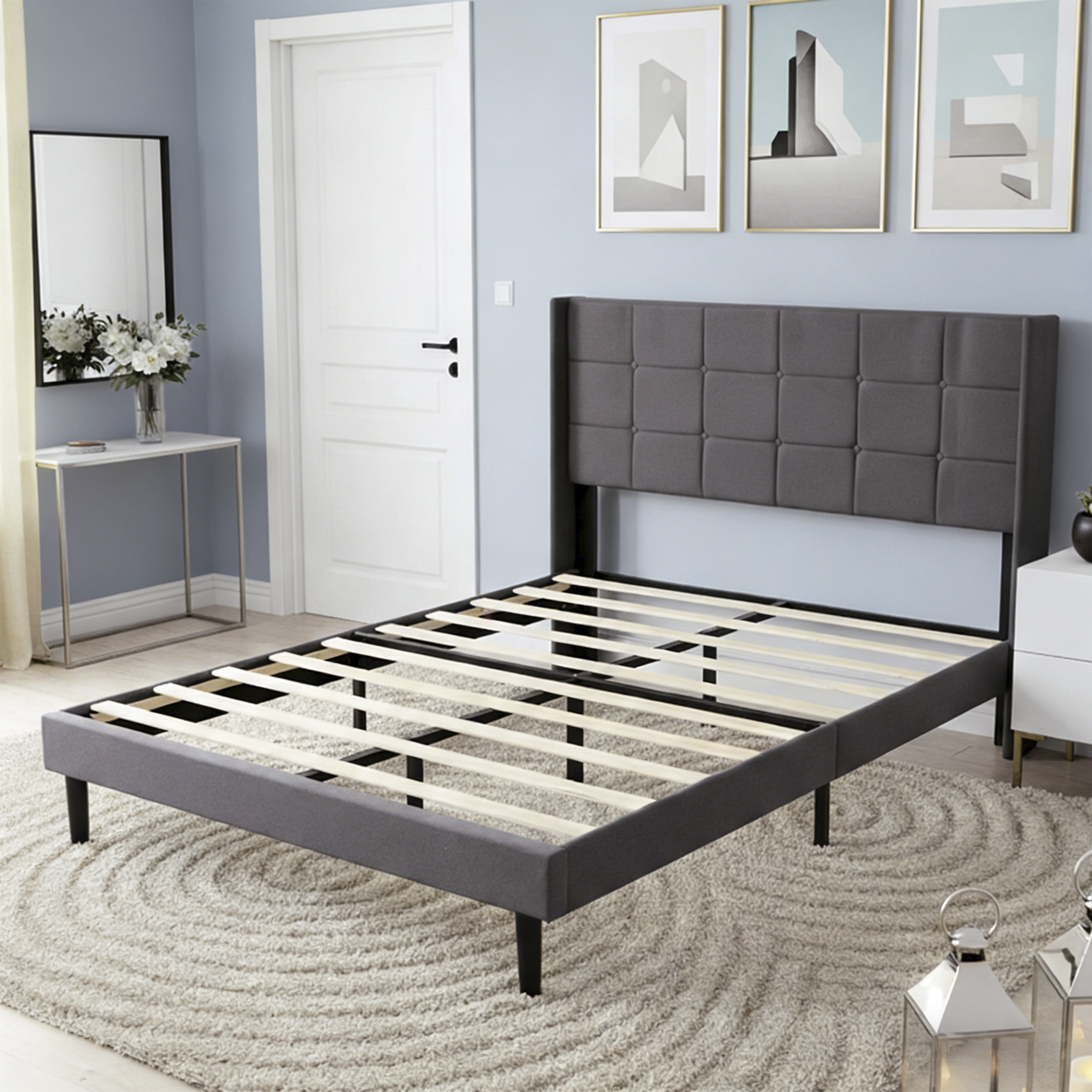 BSHTI Simple Modern Design FULL Size Platform Bed Frame with Upholstered Headboard and Wood Slats Support for Bedroom