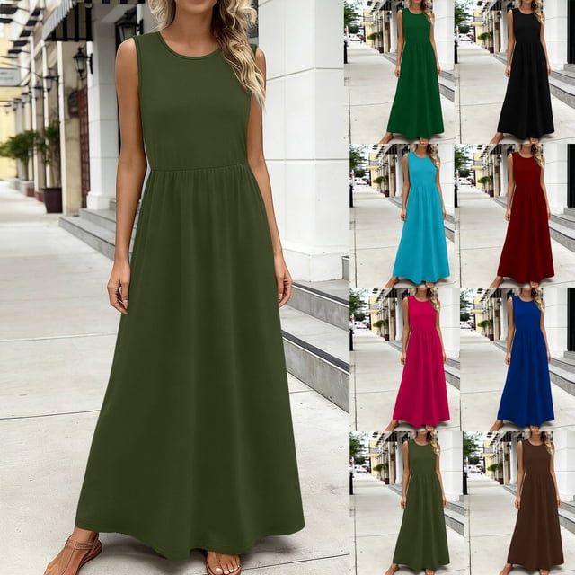 XiYing Robes Décontractées pour Femmes, Robe Décontractée Ample à Col Rond pour Femmes, Robe Maxi d'Été Sans Manches pour Usage Quotidien, Design Fluide Uni, P-TTG, une Pièce
