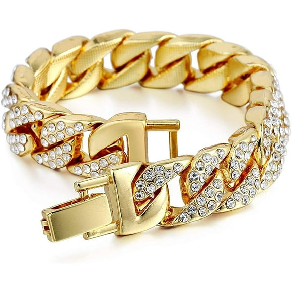 FrostHike Mens Womens Cuban Link Bracelet Hip Hop Bracelet Gold Chain Bracelet Iced Out Curb Cuban 18k Gold Plated Bracelet With Clear Rhinestones
