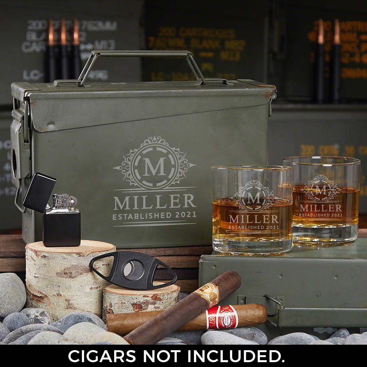 All the Vices Hamilton Custom 30 Cal Ammo Box and Whiskey Glasses Gift Set