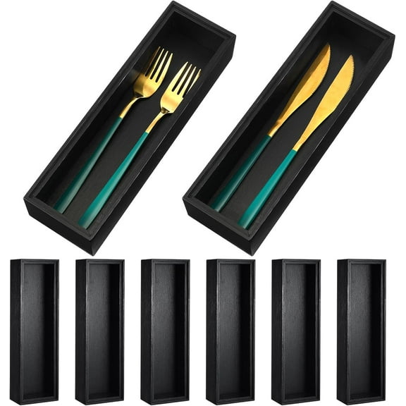 6 Pcs 10 x 3 x 2'' Bamboo Drawer Organizer Black Stackable Utensil Silverware Holder Wooden Tray Drawer Dividers Boxes Spoon Storage Organizer for Kitchen Office Bathroom Cabinet Jewelry