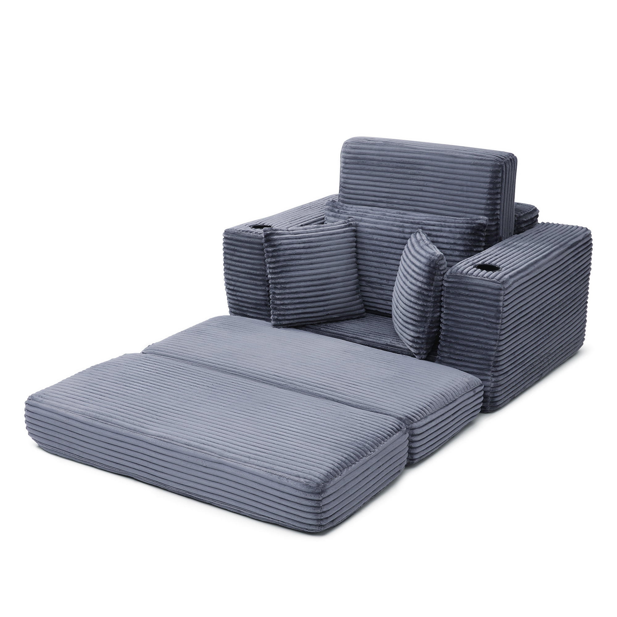 Miniyam 52" x 61" Complete Sleeper Set with Ottoman – Plush High-Density Foam, 3-in-1 Function (Bed, Lounge, Chair), Cup Holders (Grey)