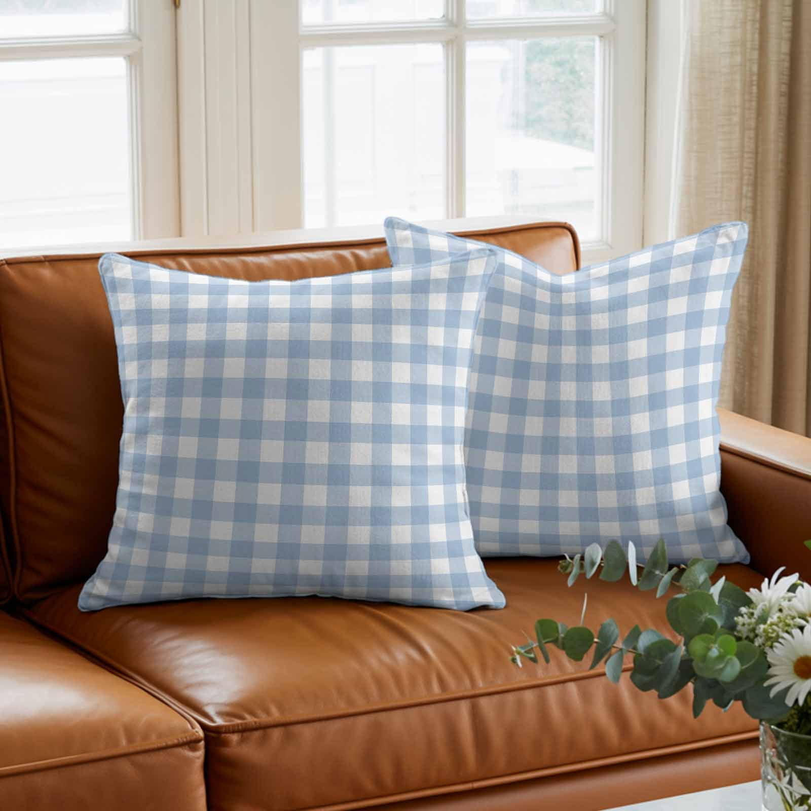 Pillow Covers 26x26 Inch, Light Blue Plaid Linen Pillowcase with Invisible Zipper, Modern Minimalist Country Decorative Throw Pillow Covers Cushion Case for Couch Sofa Bed Living Room