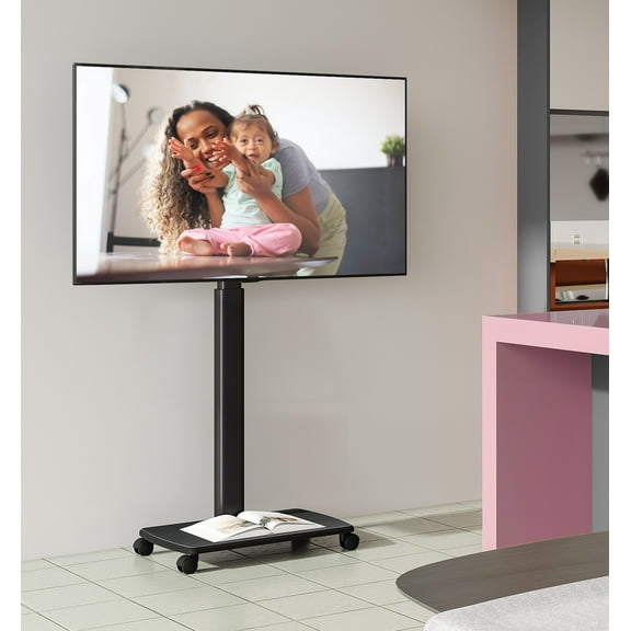 FITUEYES Universal Floor TV Stand Cart with Wheels, Swivel Mobile TV Cart for 32-65 Inch LCD LED Flat Curved Screen TVs, Height Adjustable, Cable Management, VESA 600x400mm, Black