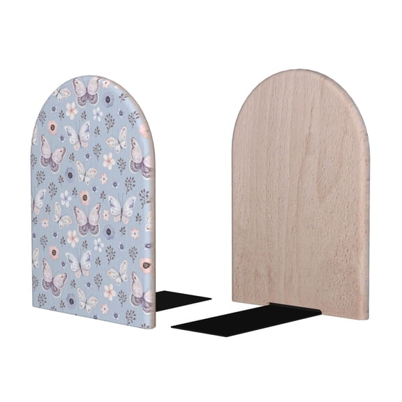 Picia Blue Butterfly Pattern Wood Bookends for Shelves,Non-slip Bookends, Heavy Duty Wooden Bookend Support,1 Pair