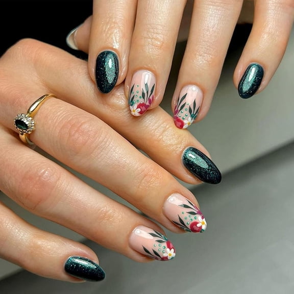Yellow French Tip Press on Nails Short Oval Fake Nails with Rose Red Flower Dot Design Glue on Nails Light Pink Transparent False Nails Press ons Glossy Artificial Stick on Nails for Women 24Pcs Pink