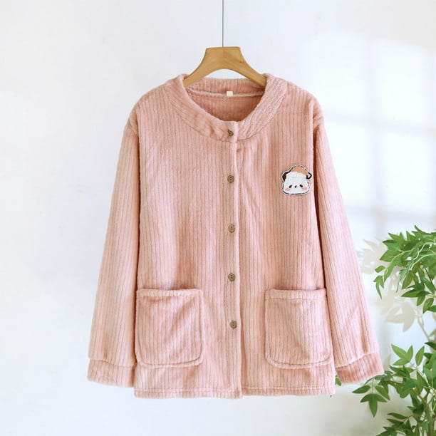 Pijama de manga larga para mujer, de invierno, de color liso, de franela gruesa con forro polar añadido, de manga larga, cálido, para el hogar, de poliéster.