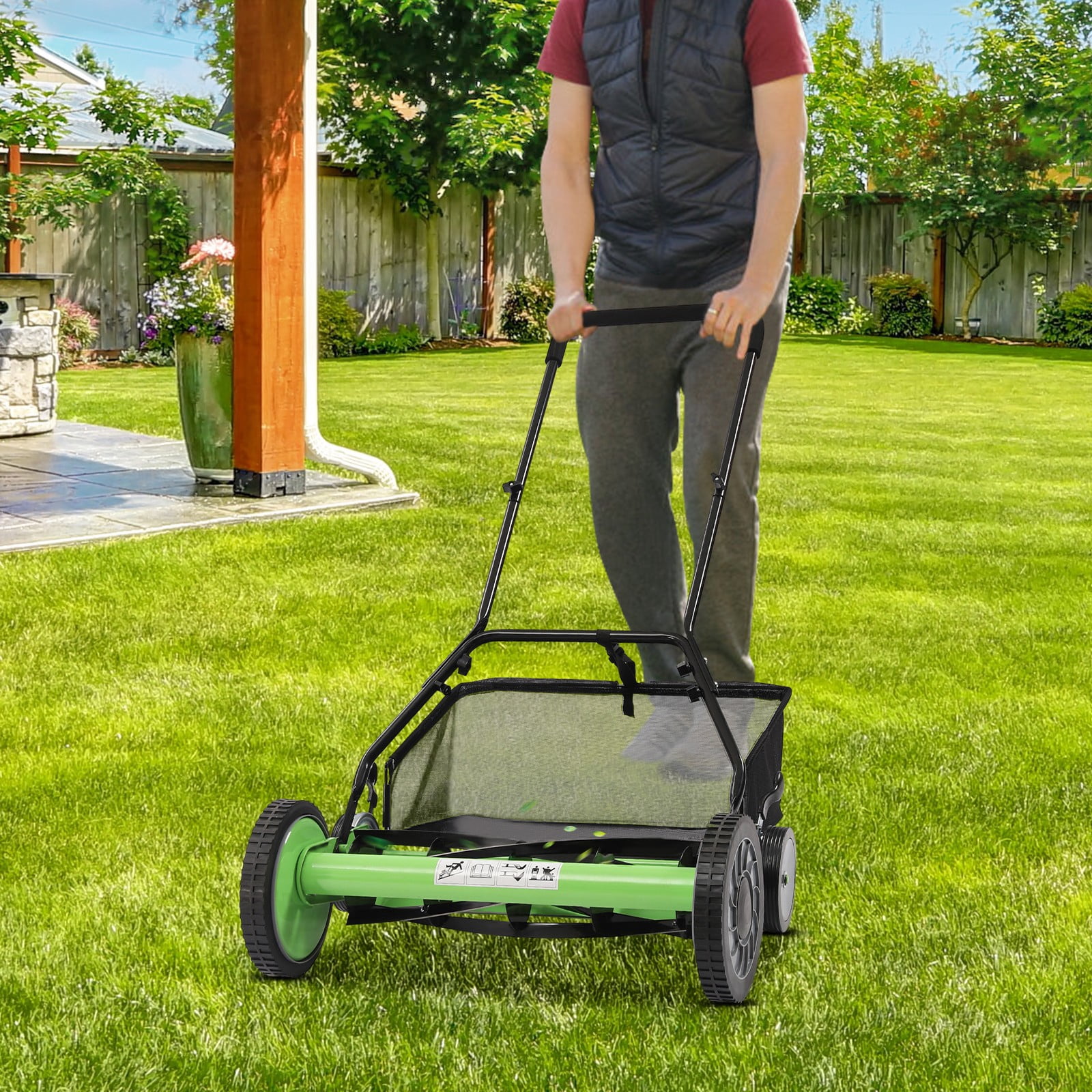 20" Manual Lawn Mower Hand Push Reel Walk-Behind Grass Catcher Adjustable Height for Villas, Parks