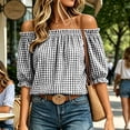 thumbnail image 6 of Ayolanni Ruffled Womens Blouses Plaid V-Neck Elastic Short Sleeve Blouse Casual Loose Puff Off the Shoulder T-Shirt Tops for Women Black L, 6 of 8