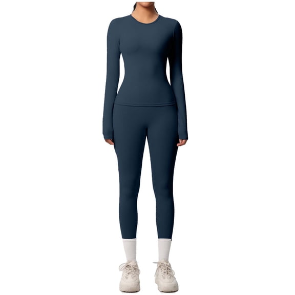 Womens Workout Outfits 2 Piece Soft Slim Fit Long Sleeve Tops and High Waisted Legging Pant Sets Gym Yoga Clothes (M, Dark Blue)