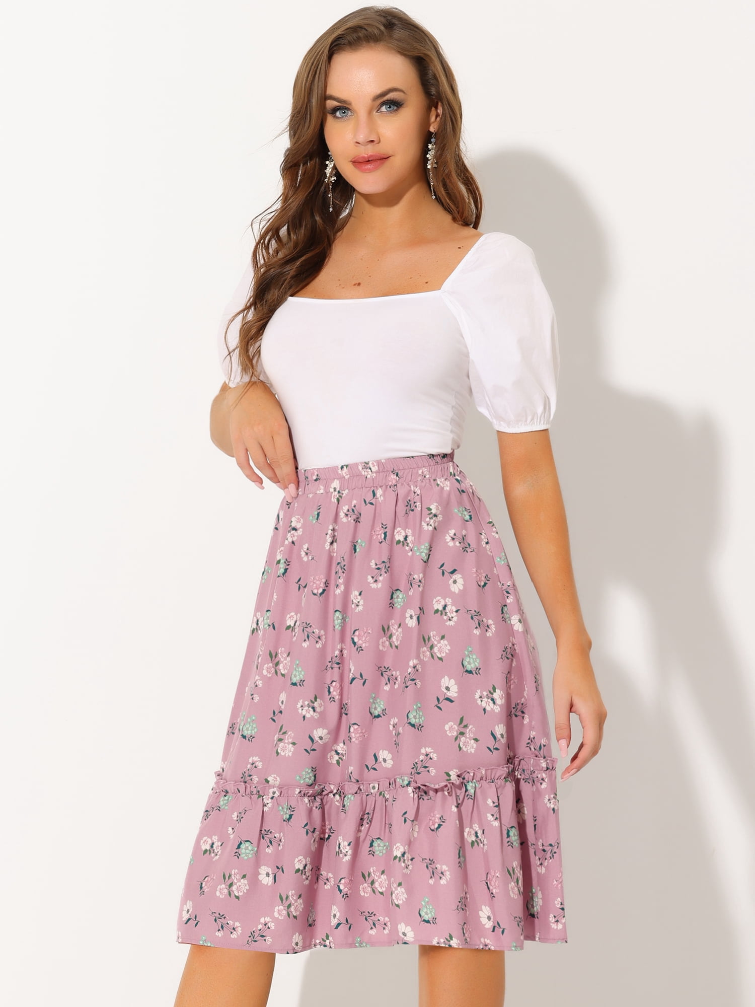 DARING DIVA Women's Flowy Ruffle Hem Tiered Floral Midi Skirt XL Dusty Pink