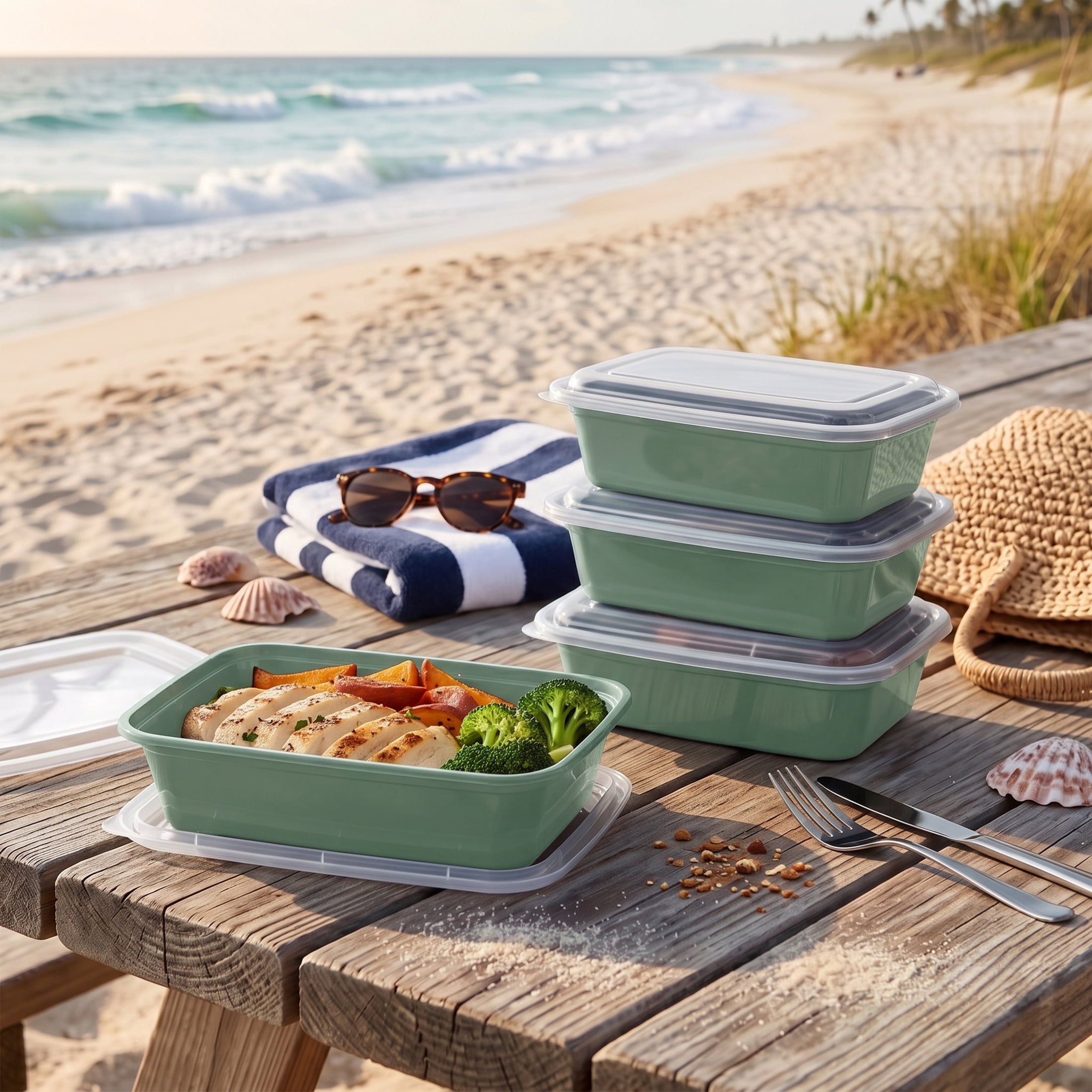 Mainstays 5-Pack 1-Compartment BPA-Free Plastic Meal Prep Food Storage Containers, 1 L, Green Sage