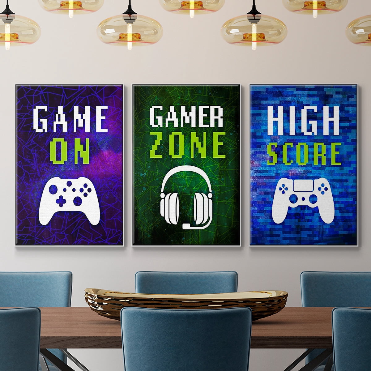 It's Game On I - Framed Premium Gallery Wrapped Canvas L Frame 3 Piece Set - Ready to Hang