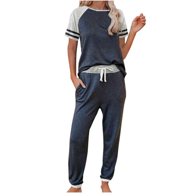 Traje de dos piezas deportivo informal de manga corta con rayas en contraste suelto a la moda para mujer Wmkox8yi bvn2716