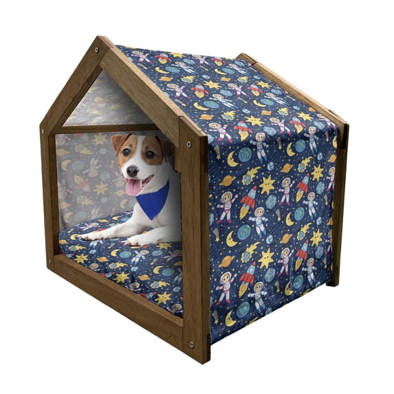 Cartoon Pet House, Cosmonaut Girl and Boy Siblings in Space Futuristic Moon Sun Adventure Caricature, Outdoor & Indoor Portable Dog Kennel with Pillow and Cover, 5 Sizes, Multicolor, by Ambesonne