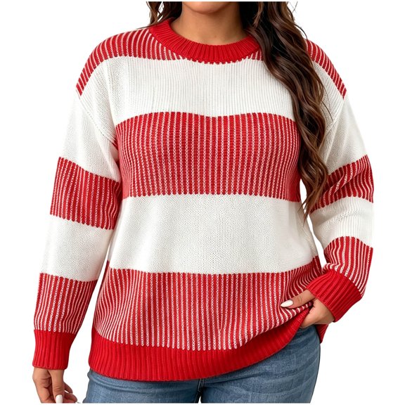 yillto Plus Size Women Sweater Color Block Striped Fashion Crew Neck Pullover Knit Loose Sweaters