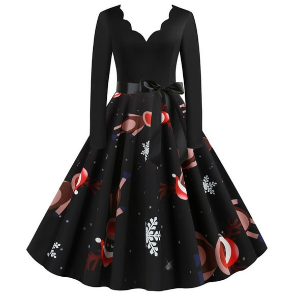 Fesfesfes Women Gowns Patchword Vintage Rockabilly Dress Dresses Christmas Bow Party Dress Tops on