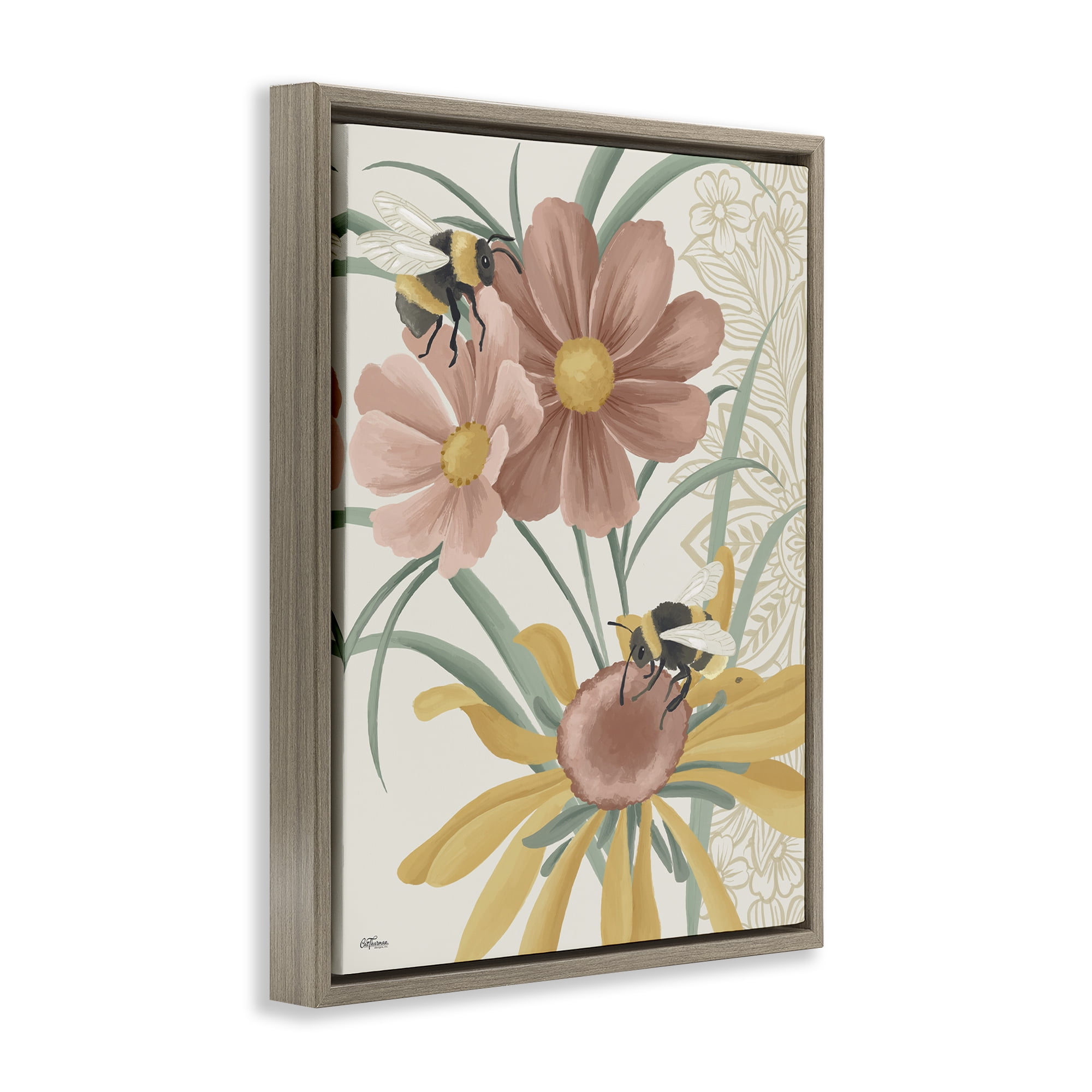 Stupell Industries Pollinating Bumble Bees Botanical & Floral Painting Brown Floater Framed Art Print Wall Art, 25 x 31