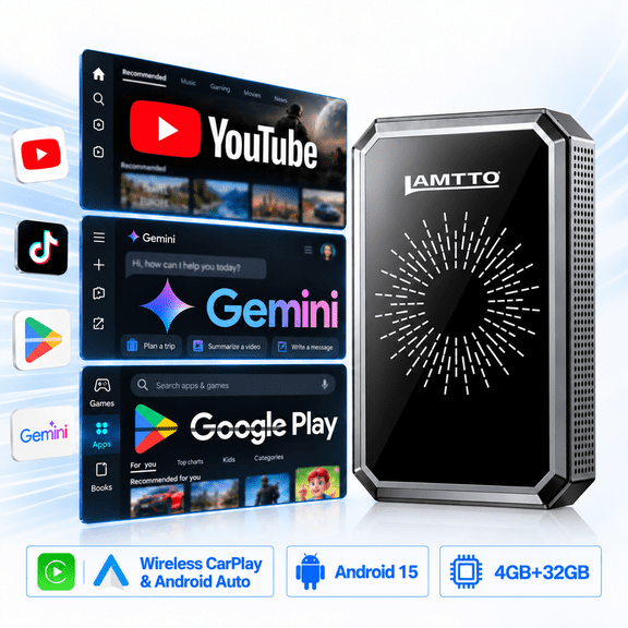 LAMTTO Car AI Box Wireless CarPlay Adapter, Gemini AI, Google Play, HDMI Input for Factory Wired CarPlay Touchscreen Cars