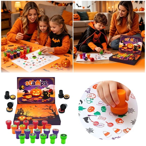 Autumn Halloween Countdown Advent Calendar With Assorted Self Ink Stamps Seasonal DIY Craft Supply For Scrapbooking Journal Card Making Indoor Holiday Party Table Decor Gift