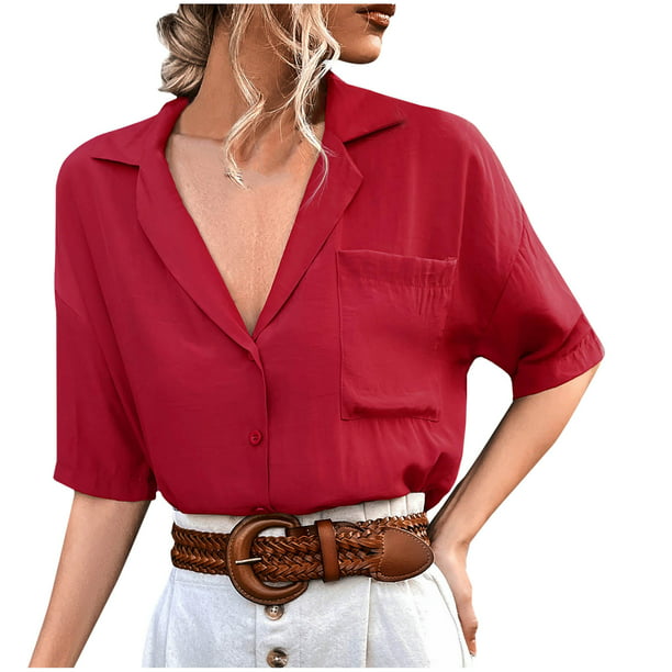 Women's Vintage Casual Tops Turndown Collar Button Short Sleeve Loose Fit  Tops Blouse
