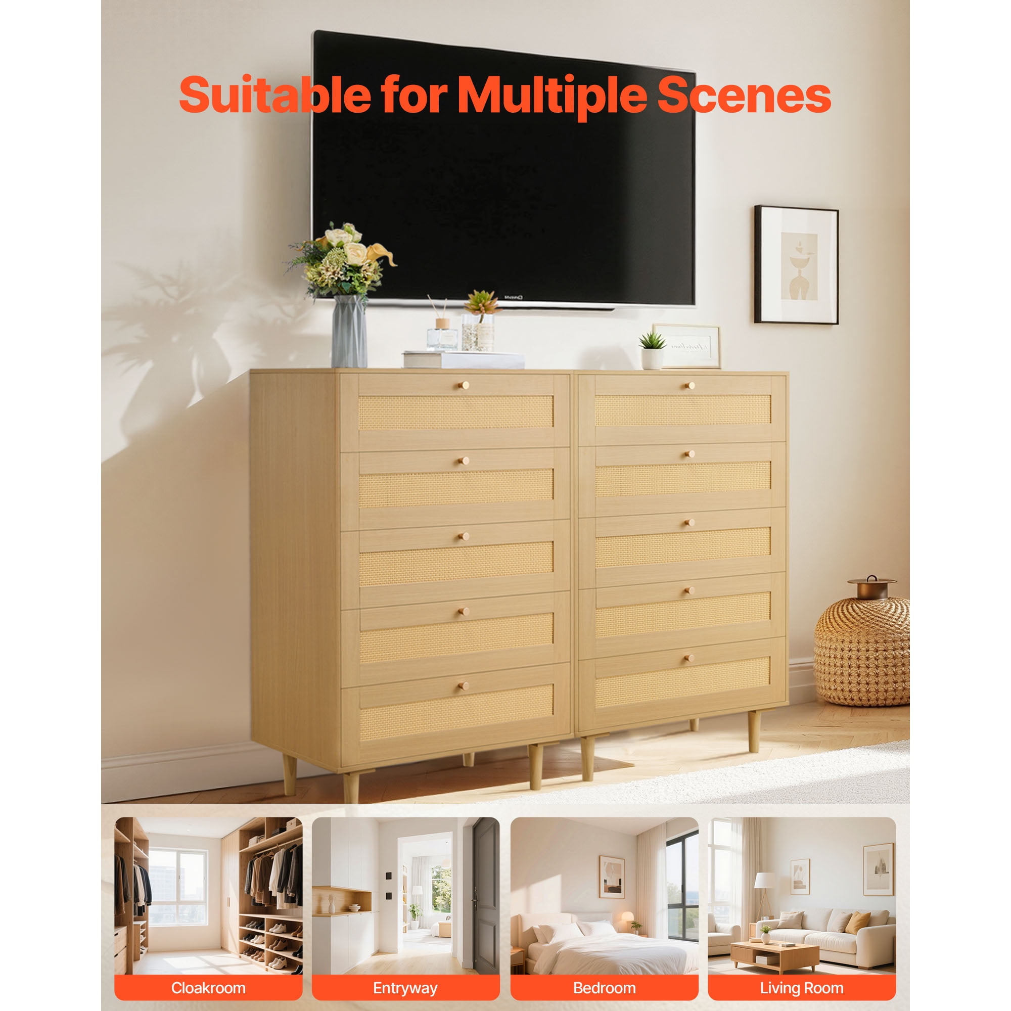 KFFKFF 5-Drawer Rattan Dresser with Metal Handles and Wooden Legs, Modern Storage Organizer for Bedroom, Living Room, or Hallway