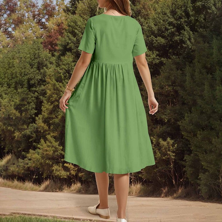 Nxmzxb Women's Summer Short Sleeve A-Line Midi Dresses Casual Ruched Pleated Tunic T-Shirt Dresses Loose Flowy Beach Sundress with Pockets Green XXL,