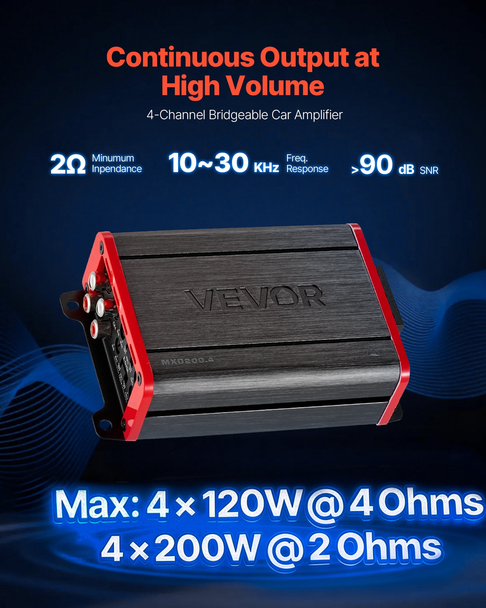 VEVOR 4 Channel Car Audio Amplifier 2 Ohm Stable Bridgeable Class D Full Range Amp Max Power 4 x 120W @ 4 Ohm / 4 x 200W @ 2 Ohm for Car SUV Truck Off-Road