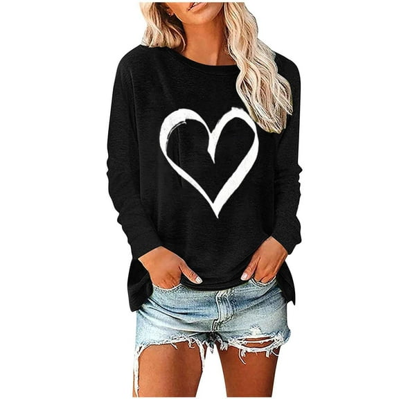 Wancir Valentine's Day T Shirts for Women Funny Double Heart Graphic T Shirts Valentines Gift Shirt Long Sleeve Couple Tee Tops