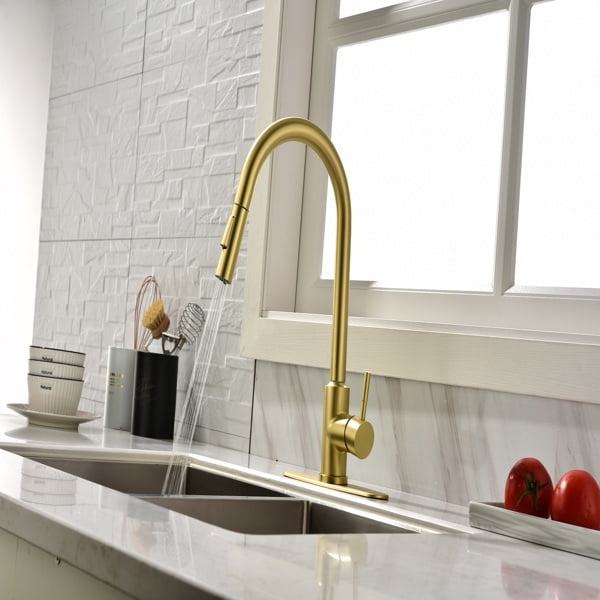 16.5" Brushed Gold Sensor Kitchen Faucet - Touchless Pull-Down Sprayer with Dual Mode, Single Hole Installation for Modern Kitchens